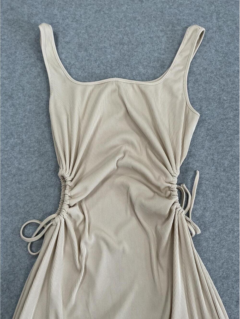 Women’s Cream Ribbed Maxi Dress with Side Tie Detail
